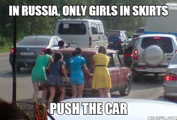 Only girls in skirts push the car in Russia