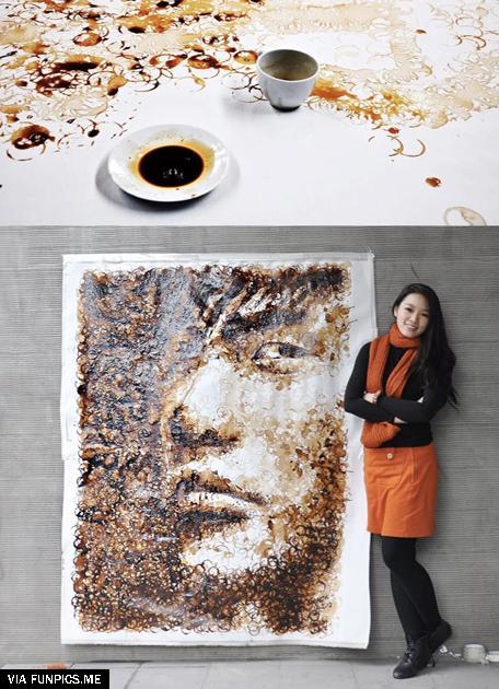 A portrait made from coffee stains by Jay Chou
