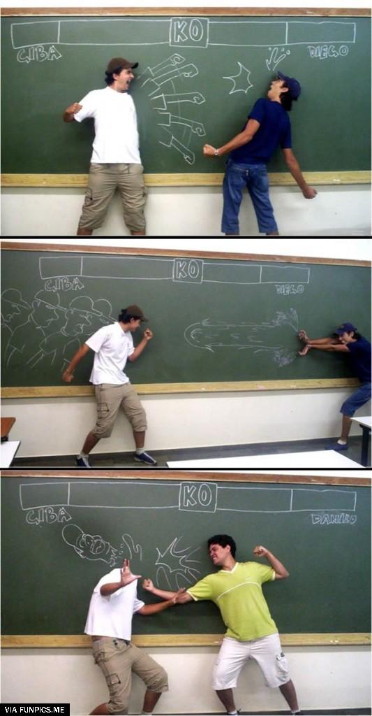 Very creative blackboard fight created by students with wild imaginations