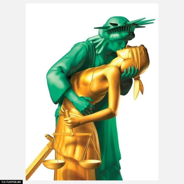 Justice and Liberty kissing out
