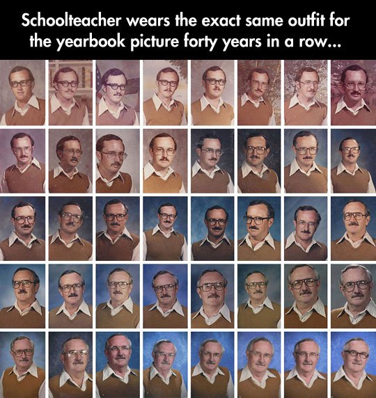 Retired teacher wears same outfit over and over again for 40 years on the yearbook photo