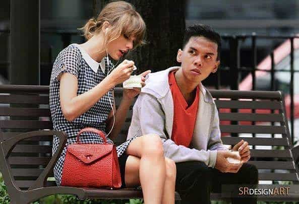 Photoshop guru eating on the bench with blonde beauty